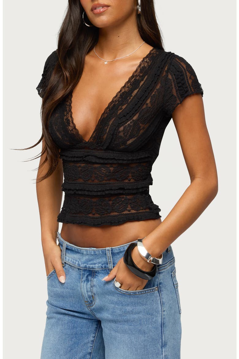Avalee Plunge Neck Lace Crop Top, Alternate, color, BLACK