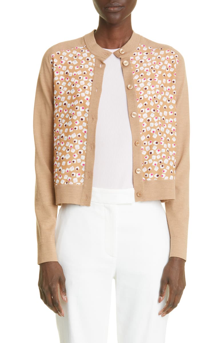 St. John Collection Geometric Print Mixed Media Cardigan, Main, color,