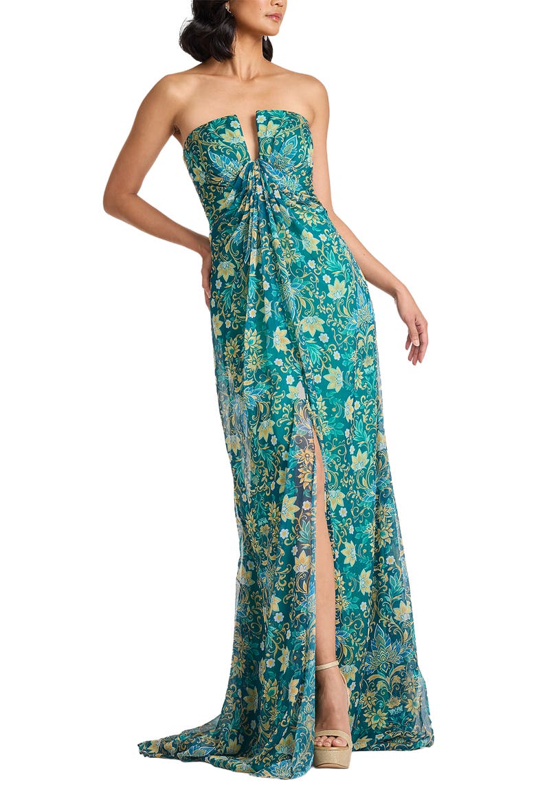 Floral Strapless Gown, Alternate, color, TEA LEAF/ MULTI