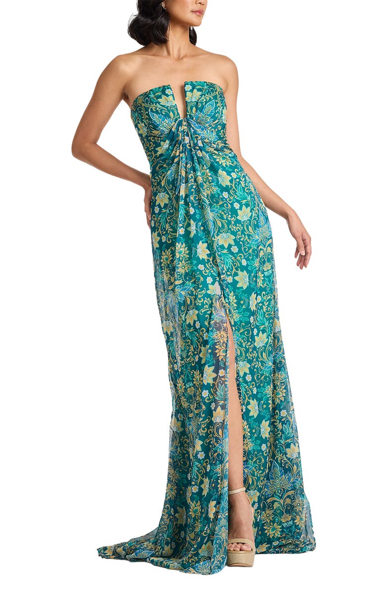 Tadashi Shoji Floral Strapless Gown, Alternate, color, Tea Leaf/ Multi