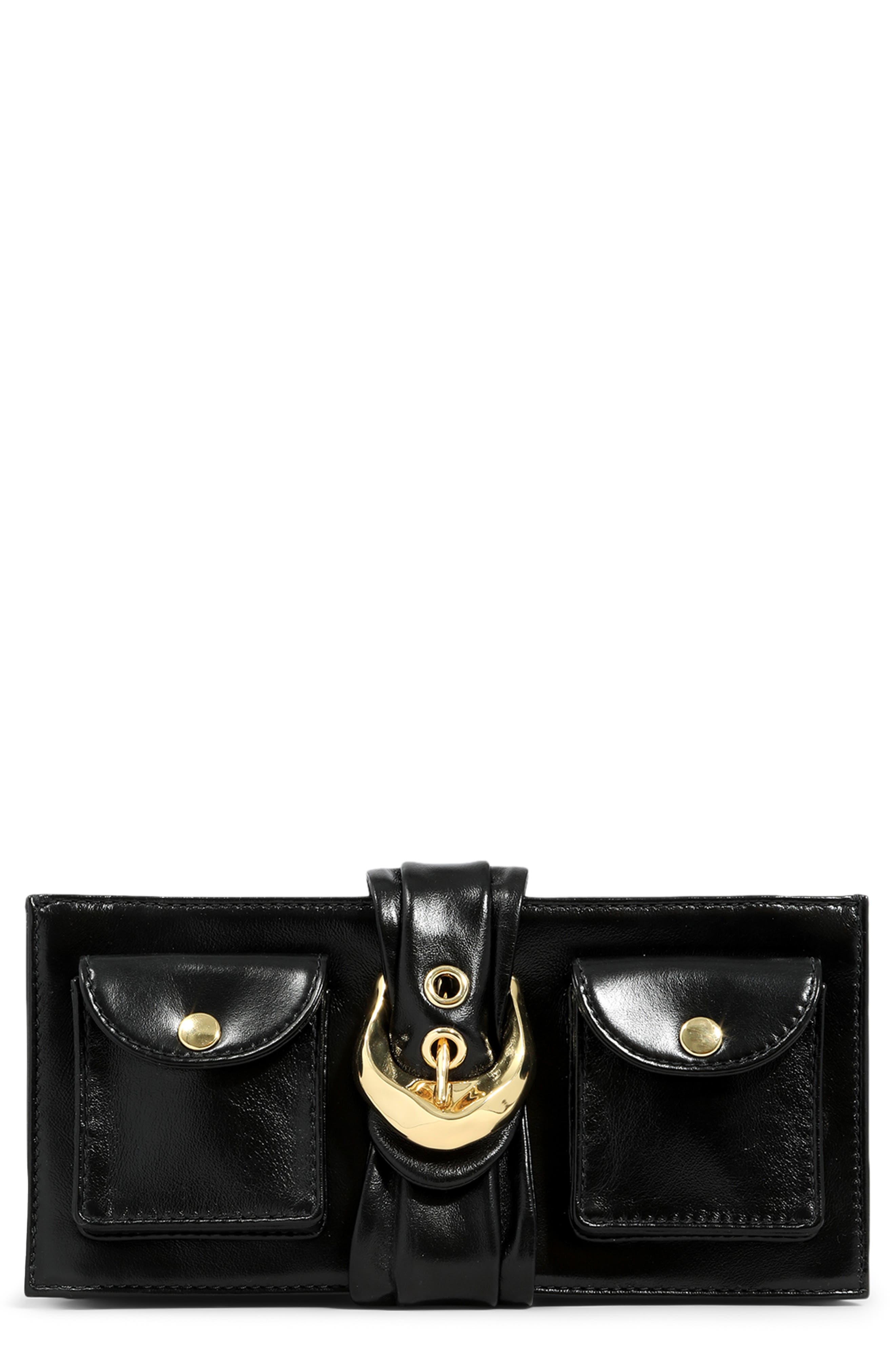 Buckle Leather Clutch, Main, color, BLACK