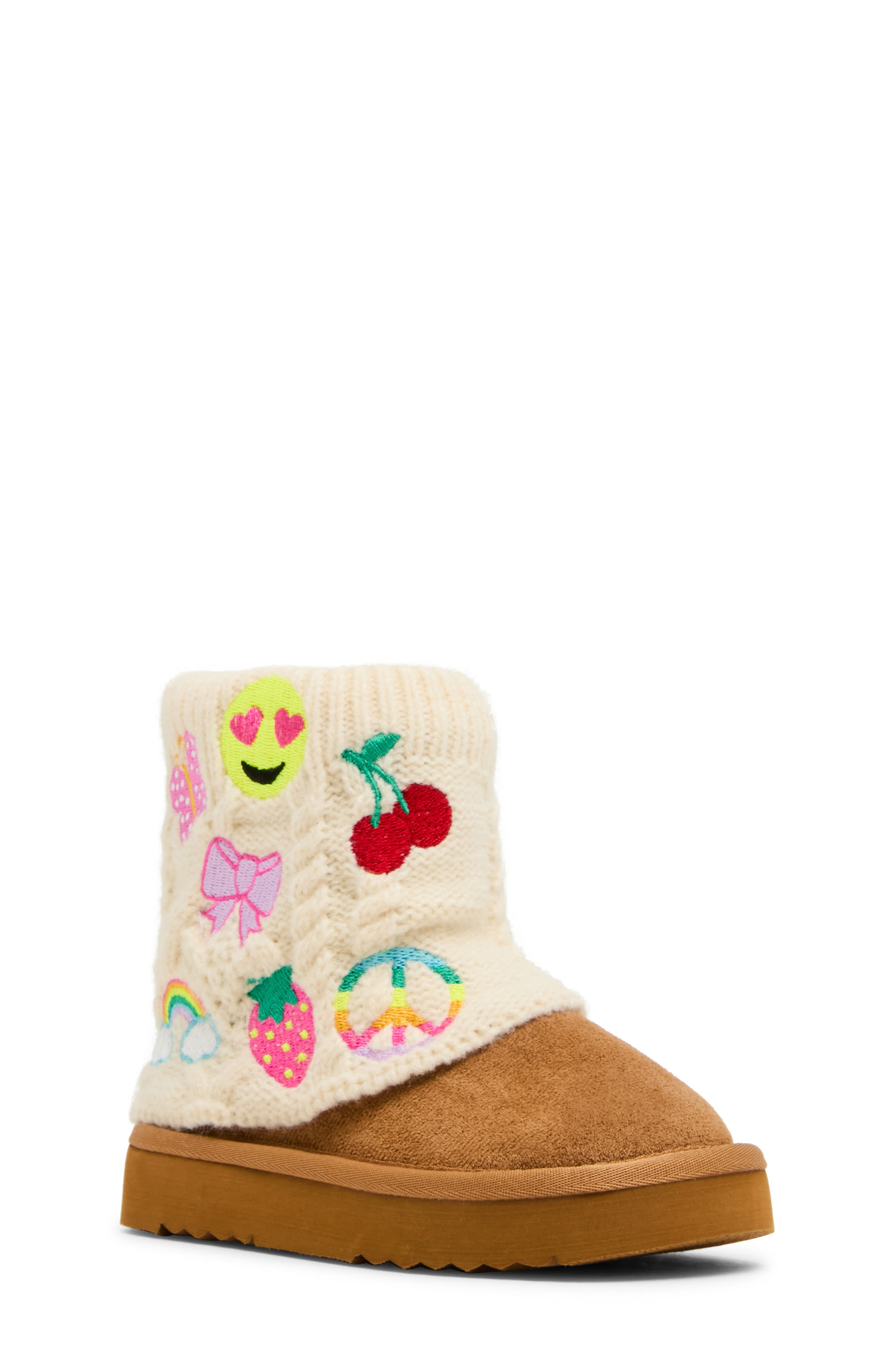 Kids' Cozy Embroidered Knit Boot, Main, color, IVORY/ COGNAC