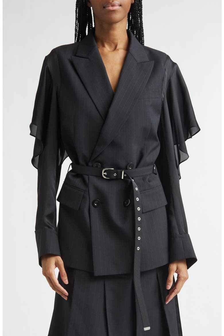 Chalk Stripe Mixed Media Belted Blazer, Main, color, BLACK