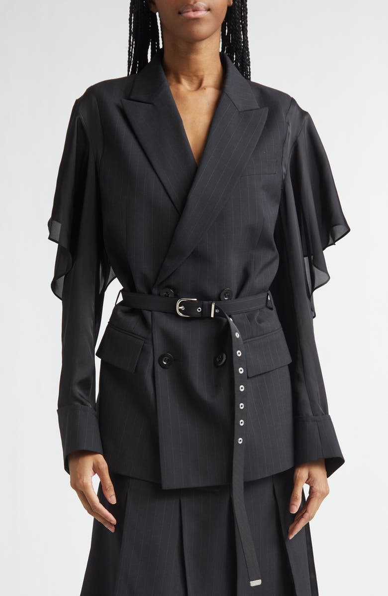 Sacai Chalk Stripe Mixed Media Belted Blazer, Main, color, Black