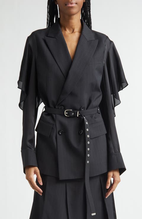 Chalk Stripe Mixed Media Belted Blazer