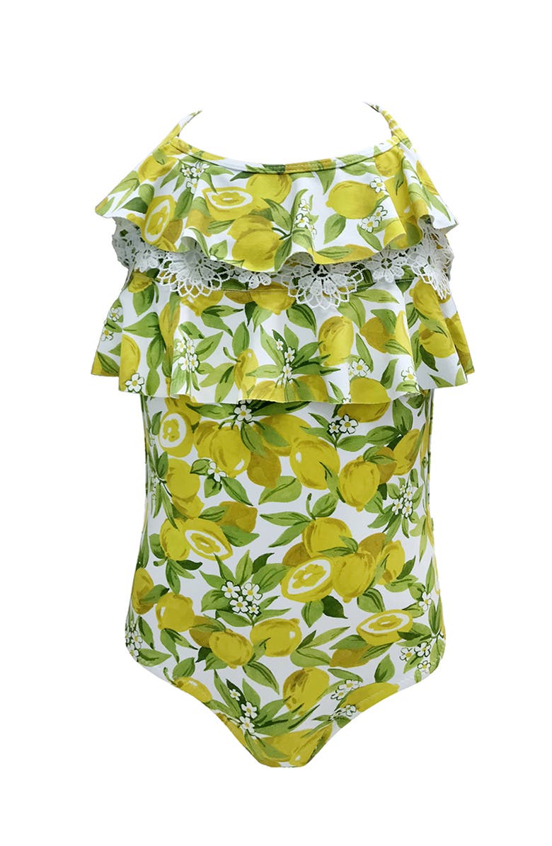 NESSI BYRD Tiered Lace  Lemon Print One Piece Swimsuit, Toddler, Little Kid & Big Kid, Main, color, Yellow