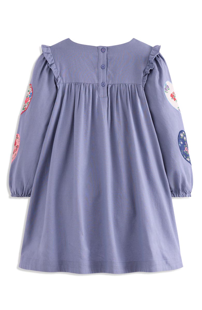 Mini Boden Kids' Heart Appliqué Long Sleeve Cotton Dress, Alternate, color, Dusty Blue Hearts