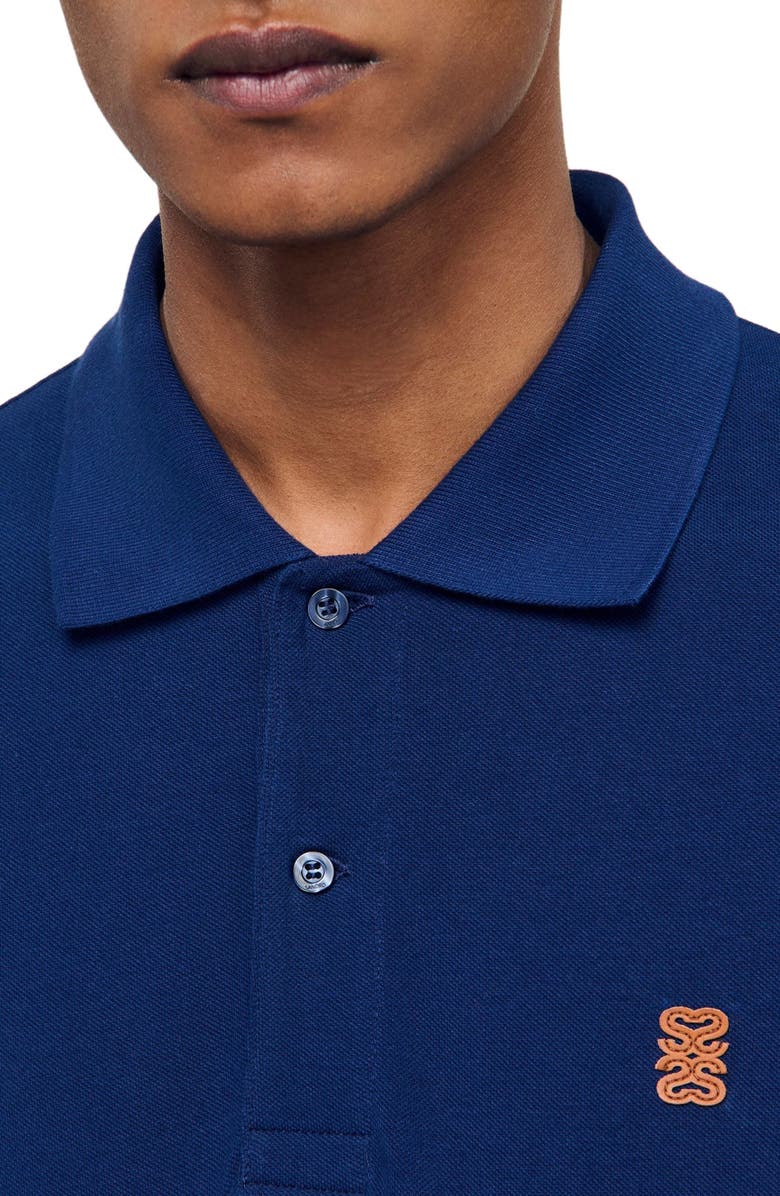 SANDRO Polo shirt with leather logo, Alternate, color, Navy Blue