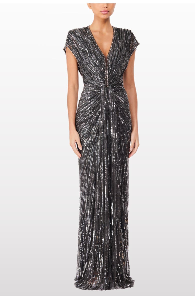 Jenny Packham Zola Sequin-Embellished V-neck Maxi Dress, Alternate, color, Shadow Grey