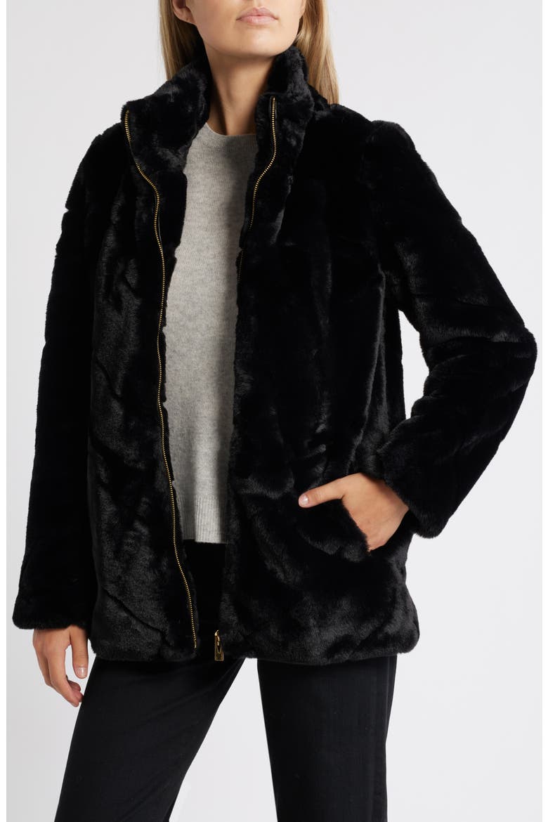 Chevron Faux Fur Jacket, Alternate, color, BLACK