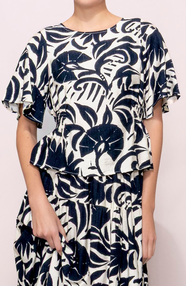 MELLODAY Smocked Waist Short Sleeve Top, Alternate, color, Navy/ White