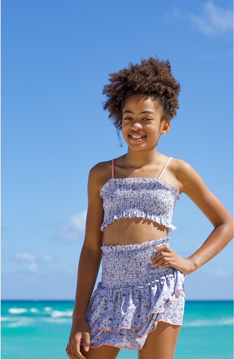 NESSI BYRD Vintage Floral Print Double-Layered Ruffled Cover-Up Skirt, Alternate, color, Grey