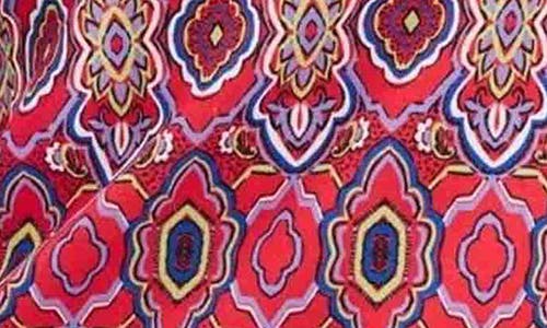 Foxcroft Tammy Tile Print Ruffle Collar Jersey Top In Red/multi