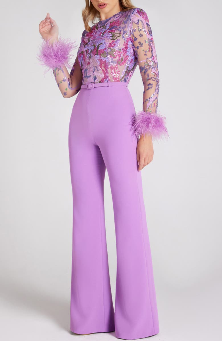 NADINE MERABI Michaela Ostrich & Turkey Feather Belted Long Sleeve Jumpsuit, Alternate, color, 