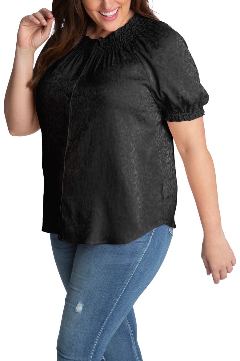 Smock Neck Jacquard Blouse, Main, color, BLACK