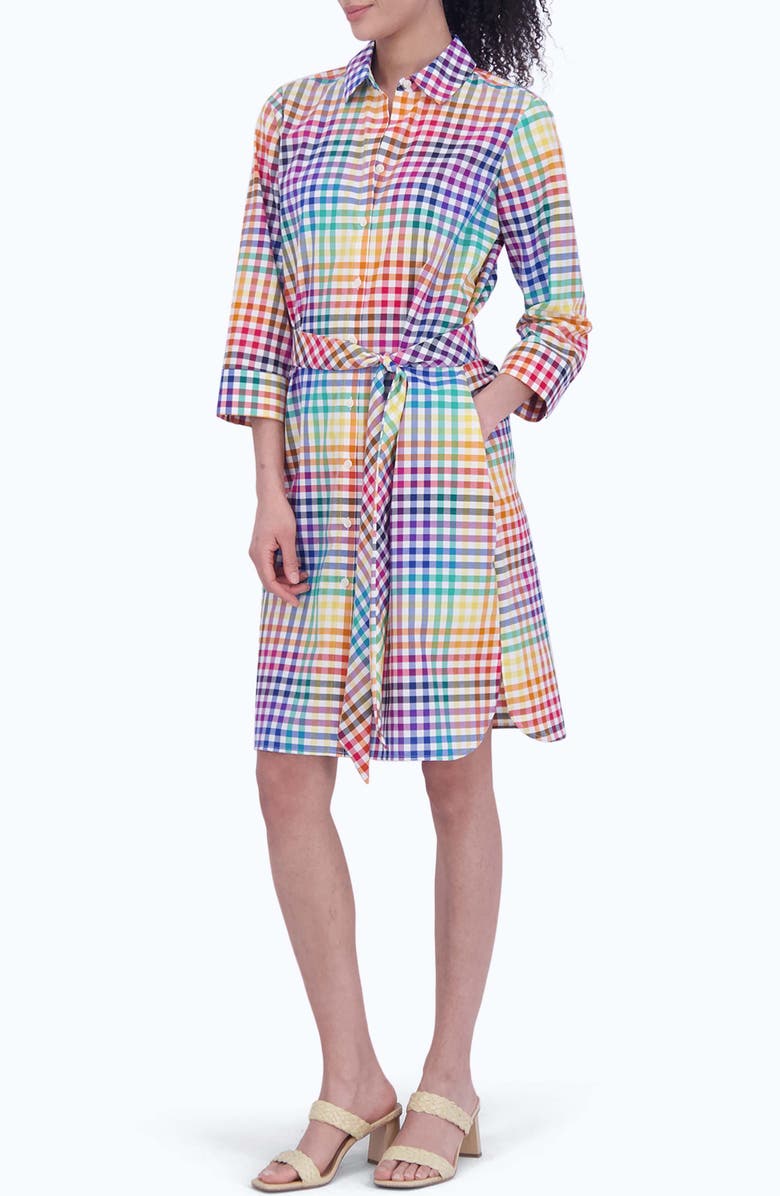 Foxcroft Rocca Rainbow Gingham Tie Waist Shirtdress, Alternate, color, Multi Plaid