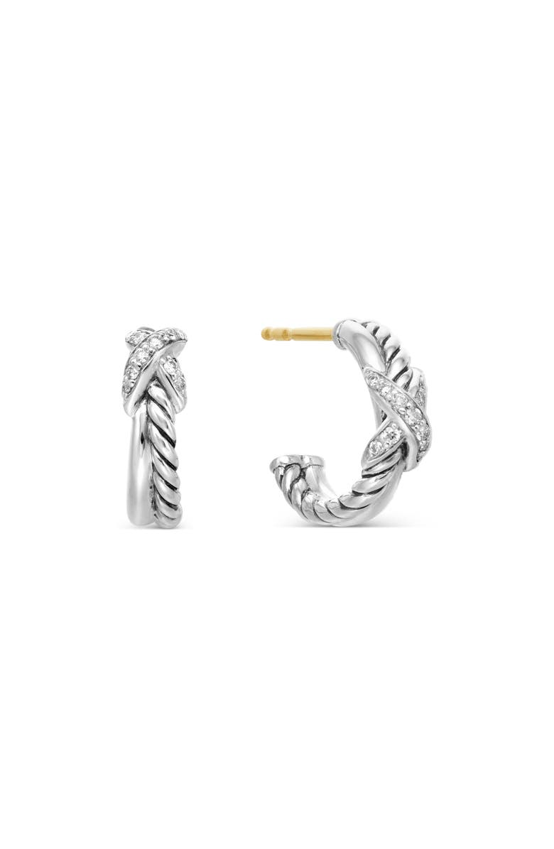 David Yurman Petite X Hoop Earrings, Main, color, Diamond/ Silver