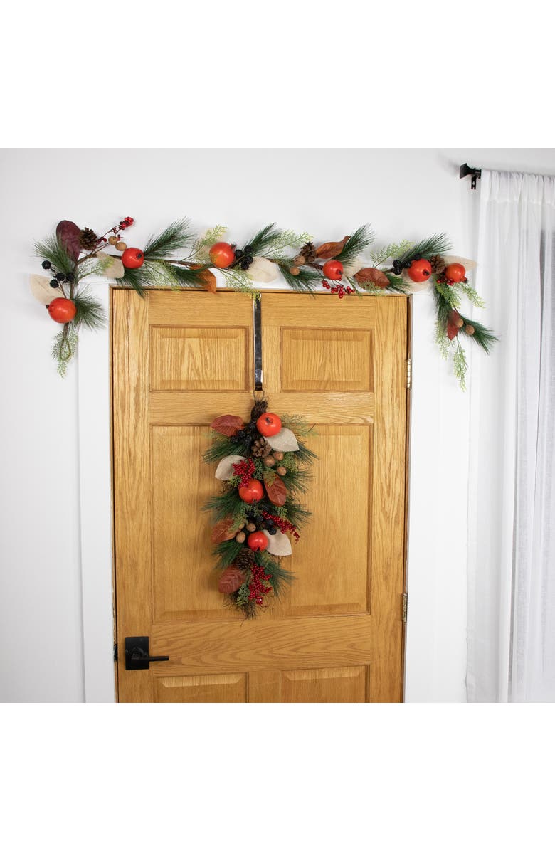 Northlight Mixed Berry, Leaves and Pomegranate Fall Harvest Garland - 6' x 10" - Green and Orange, Alternate, color, Red