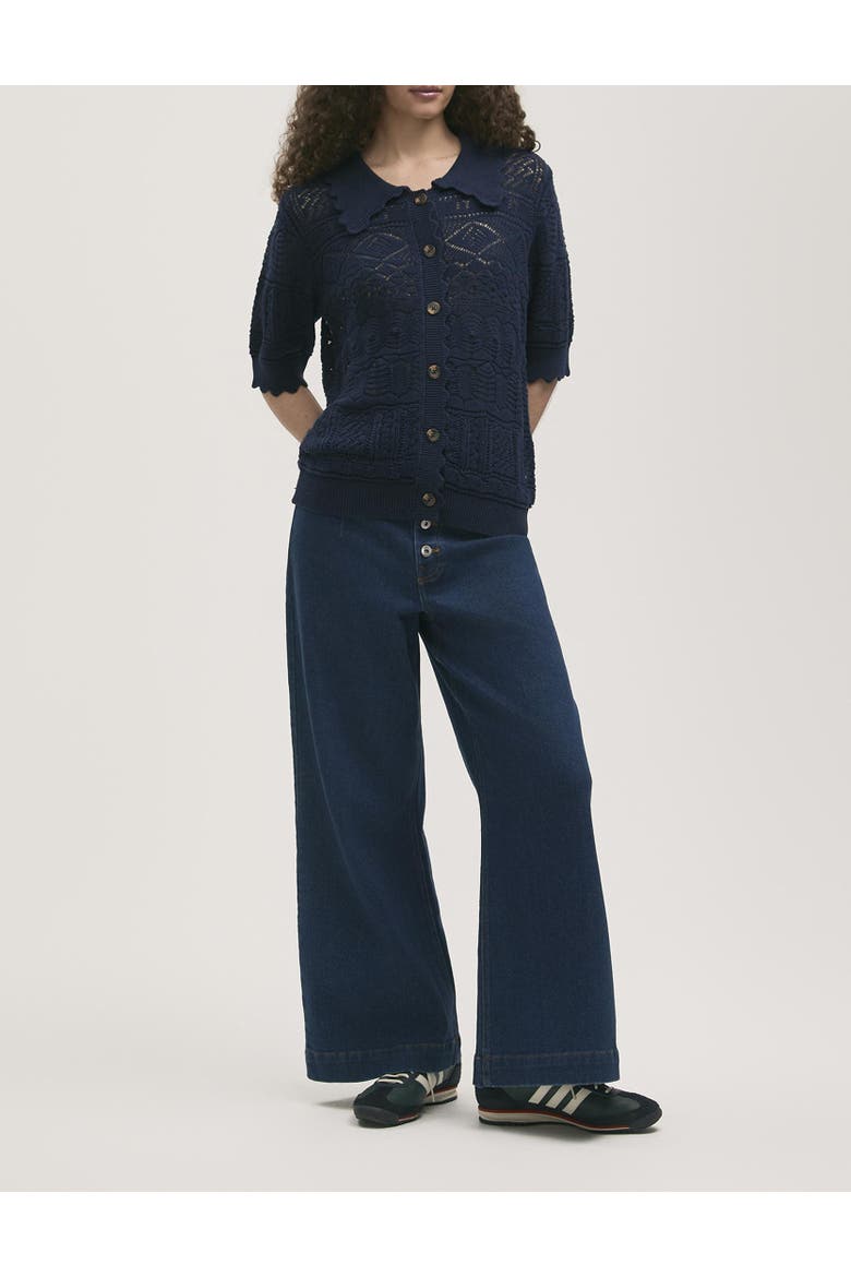 Marlowe Short Sleeve Crochet Cardigan, Alternate, color, Navy
