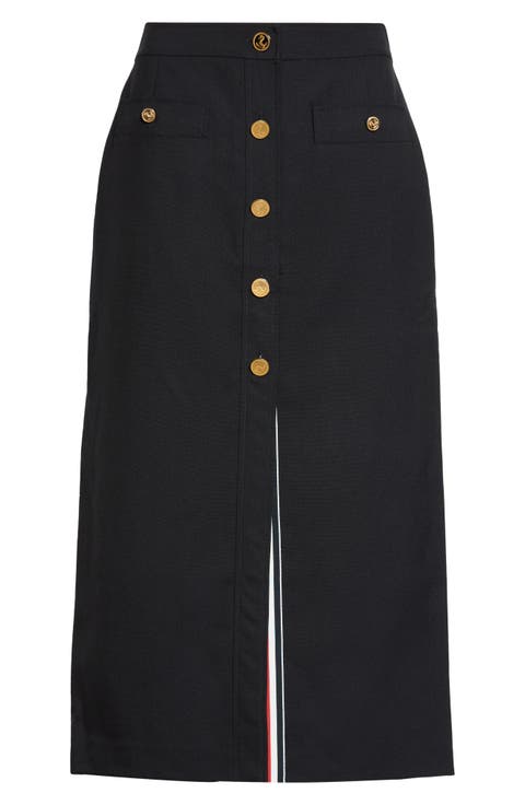 Button Front Wool Midi Skirt
