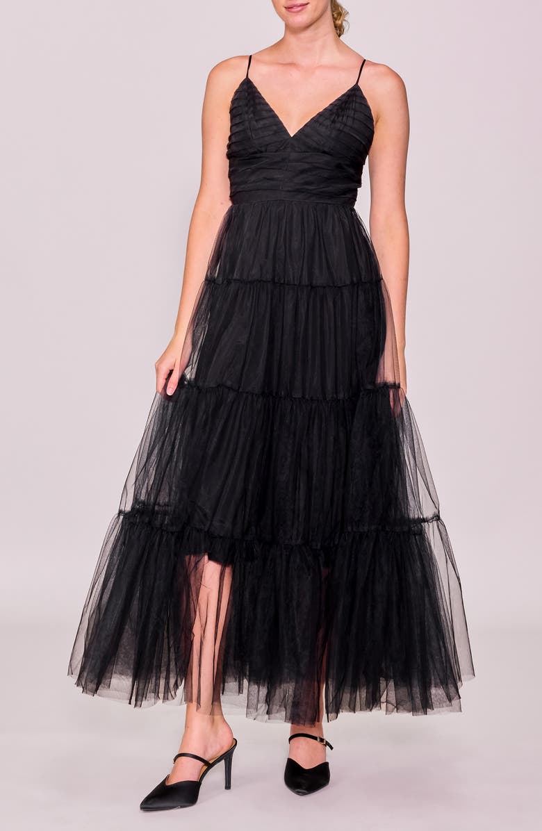 MELLODAY Sleeveless Tiered Tulle Gown, Main, color, Black