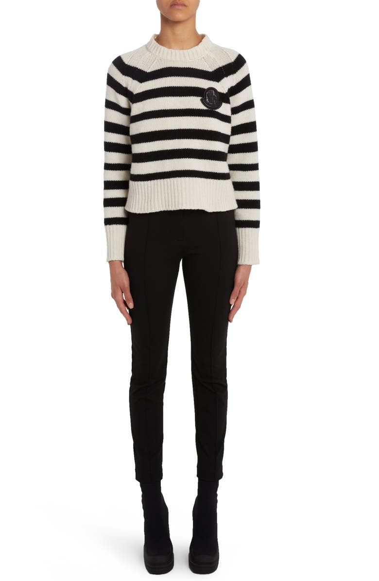 Moncler Stripe Logo Patch Wool Sweater, Alternate, color,