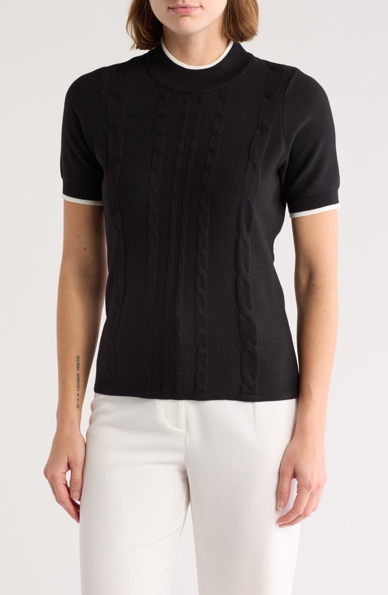 BY DESIGN Romy Mock Neck Short Sleeve Cable Knit Sweater, Main, color, Black/ Gardenia