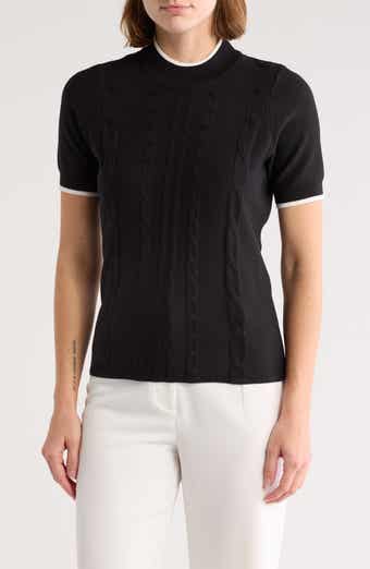 BY DESIGN Romy Mock Neck Short Sleeve Cable Knit Sweater