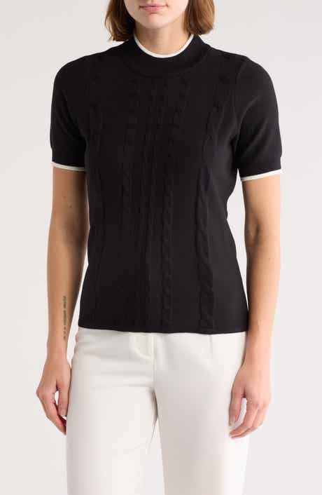 BY DESIGN Romy Mock Neck Short Sleeve Cable Knit Sweater