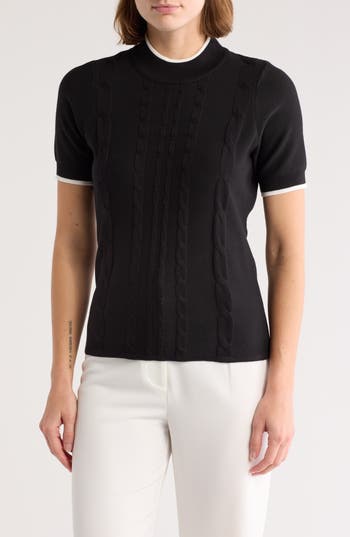 By Design Romy Mock Neck Short Sleeve Cable Knit Sweater In Black