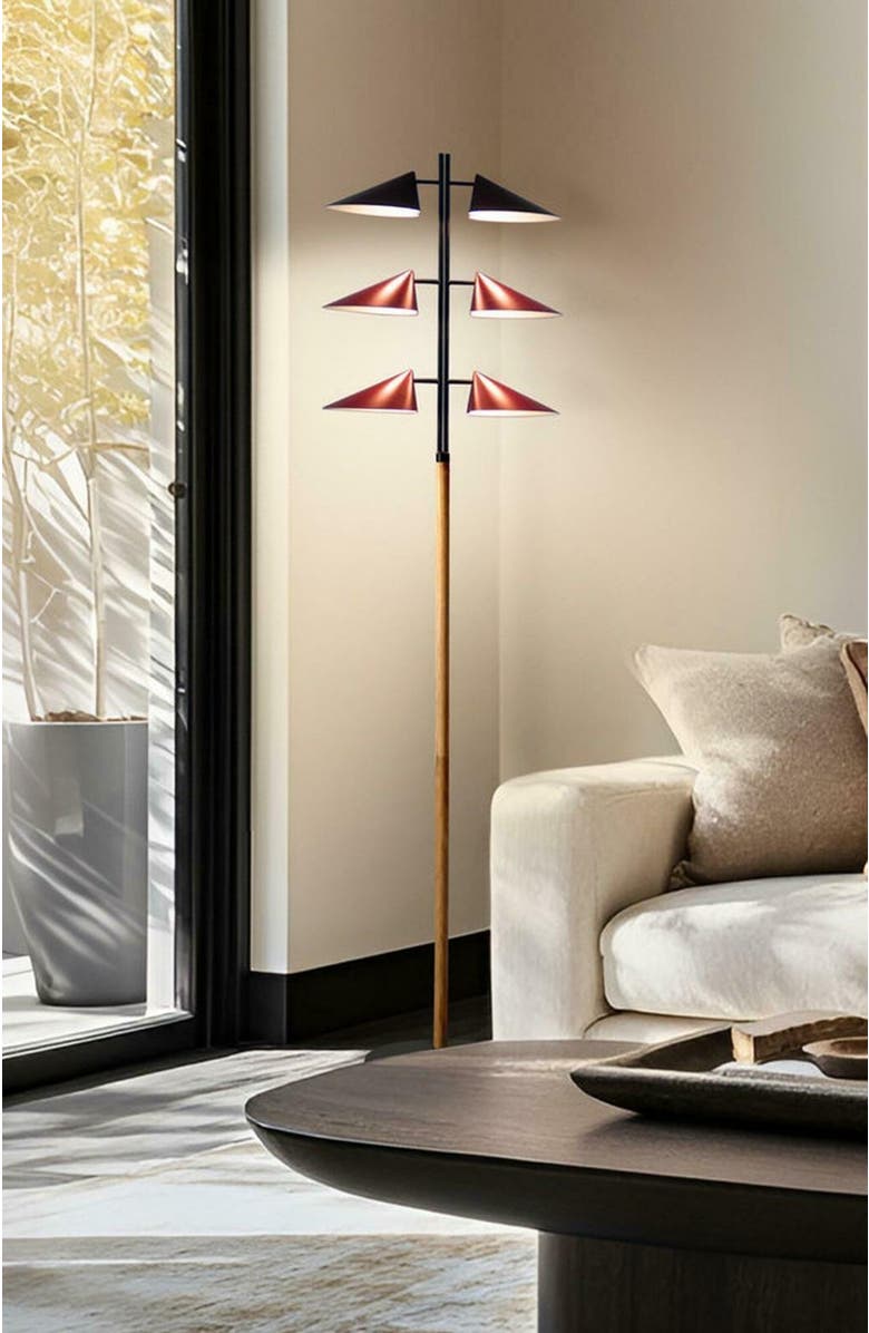 Brightech Ivo 65" Japandi-Inspired Floor Lamp with Oak and Red Accent, Integrated LEDs, Alternate, color, Matte Black