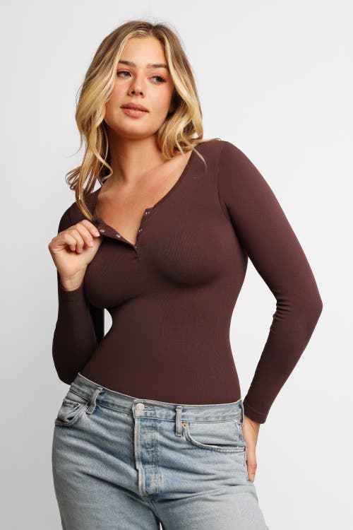 Popilush Shapewear Seamless Modal Long Sleeve Henley Bodysuit In Mahogany