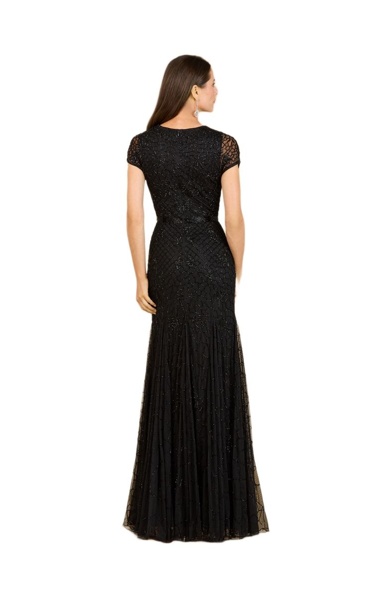 LARA New York Beaded Mermaid Cap Sleeve Gown, Alternate, color, Black