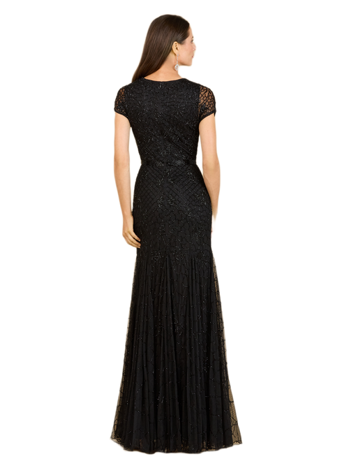 Lara New York Beaded Mermaid Cap Sleeve Gown In Black