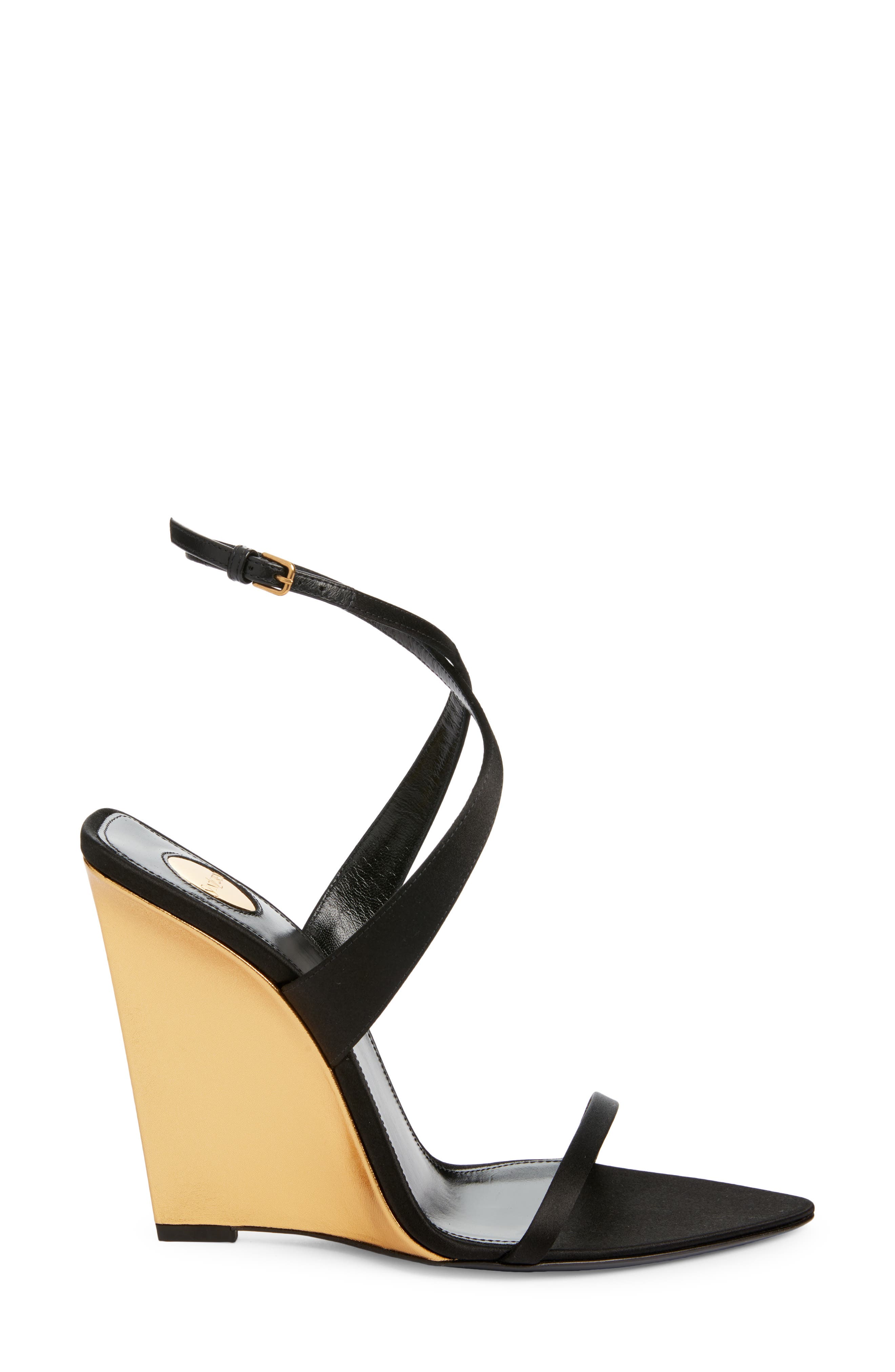 Saint Laurent Sculpted Wedge Sandal, Alternate, color, Noir/ Sun Gold