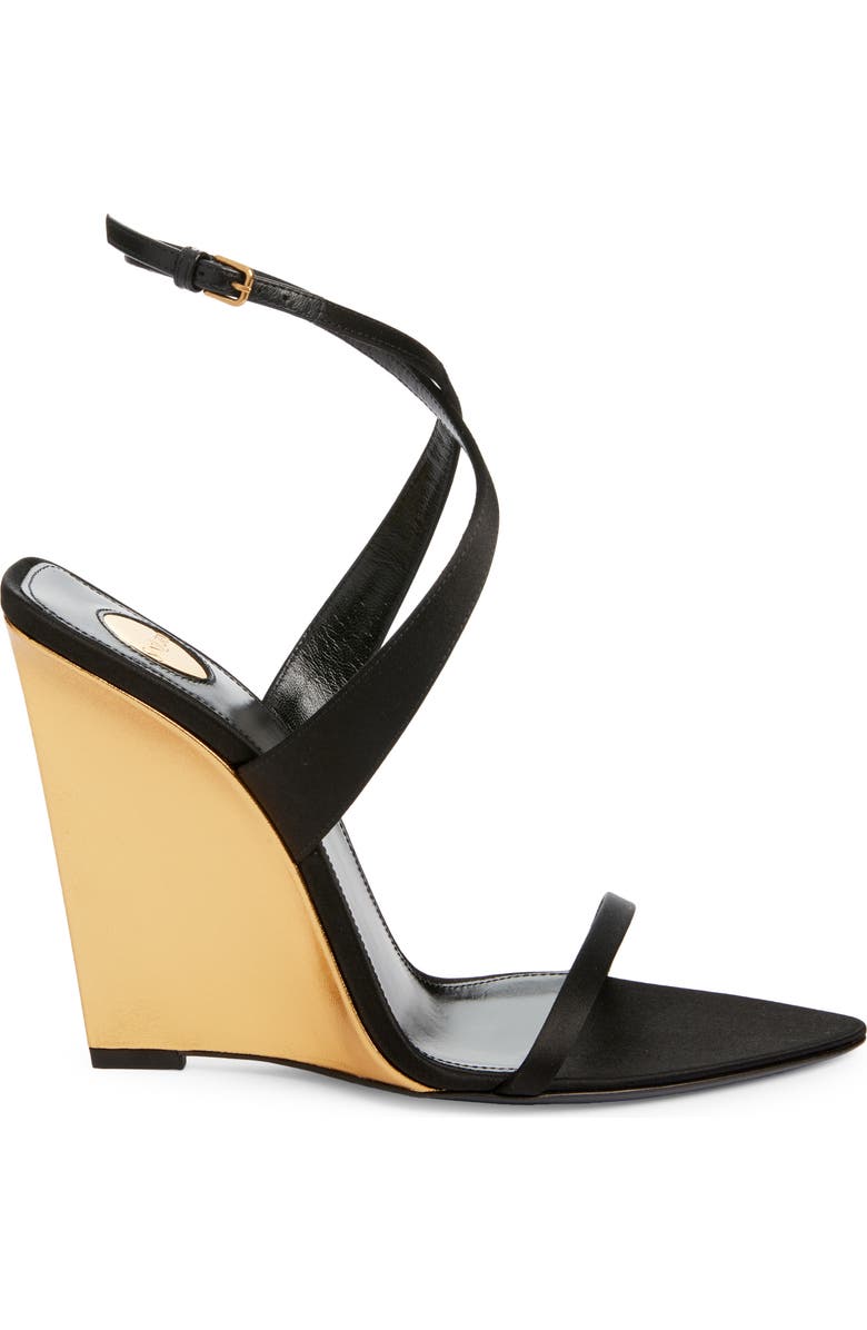 Saint Laurent Sculpted Wedge Sandal, Alternate, color, Noir/ Sun Gold