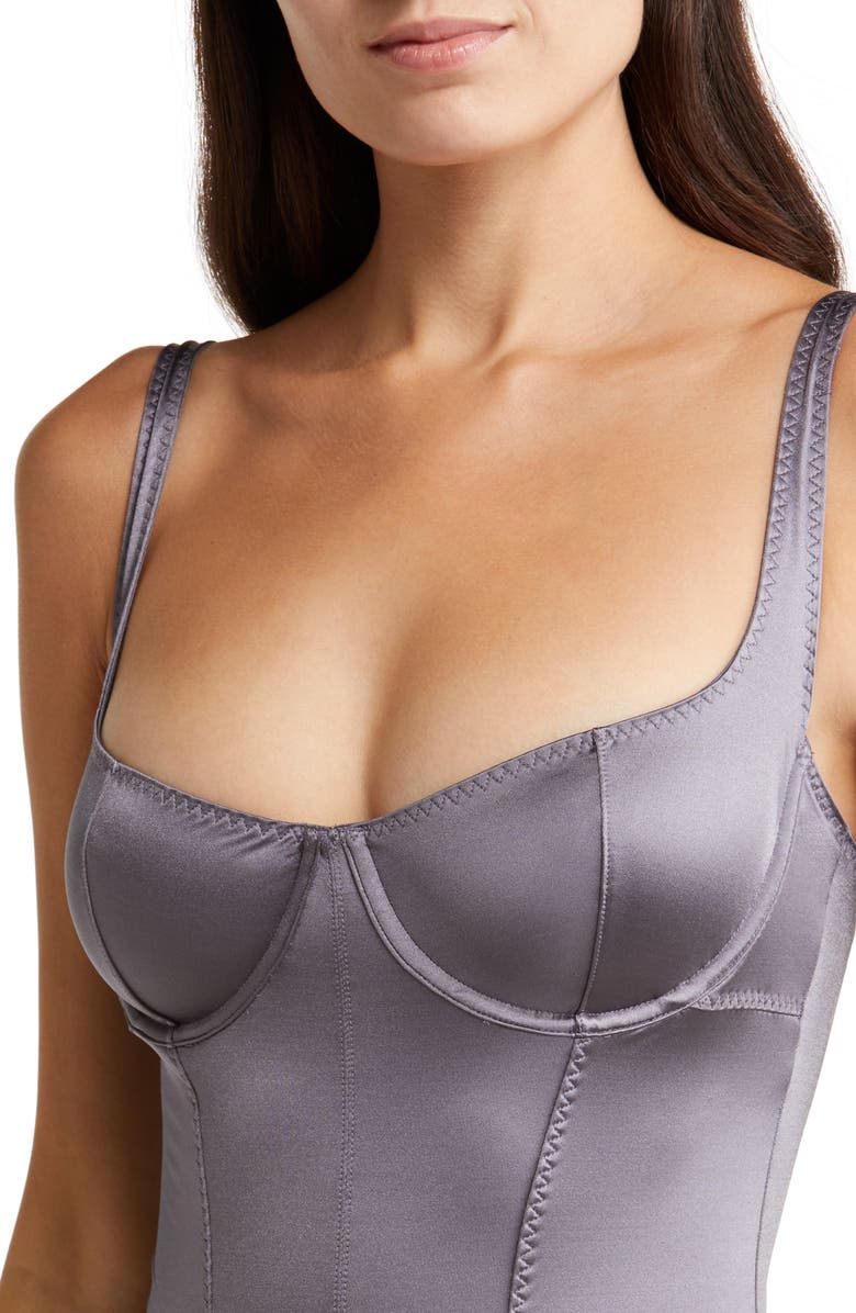 SKIMS Stretch Satin Underwire Thong Bodysuit, Alternate, color, Armor