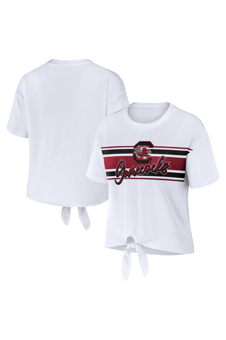 Women's WEAR by Erin Andrews White South Carolina Gamecocks Striped Front Knot Cropped T-Shirt, Main, color, White