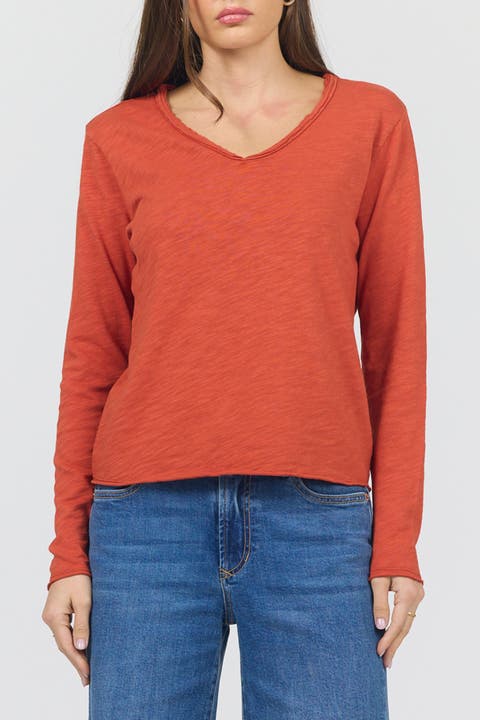 Vanya Long Sleeve V-Neck Slub Knit T-Shirt