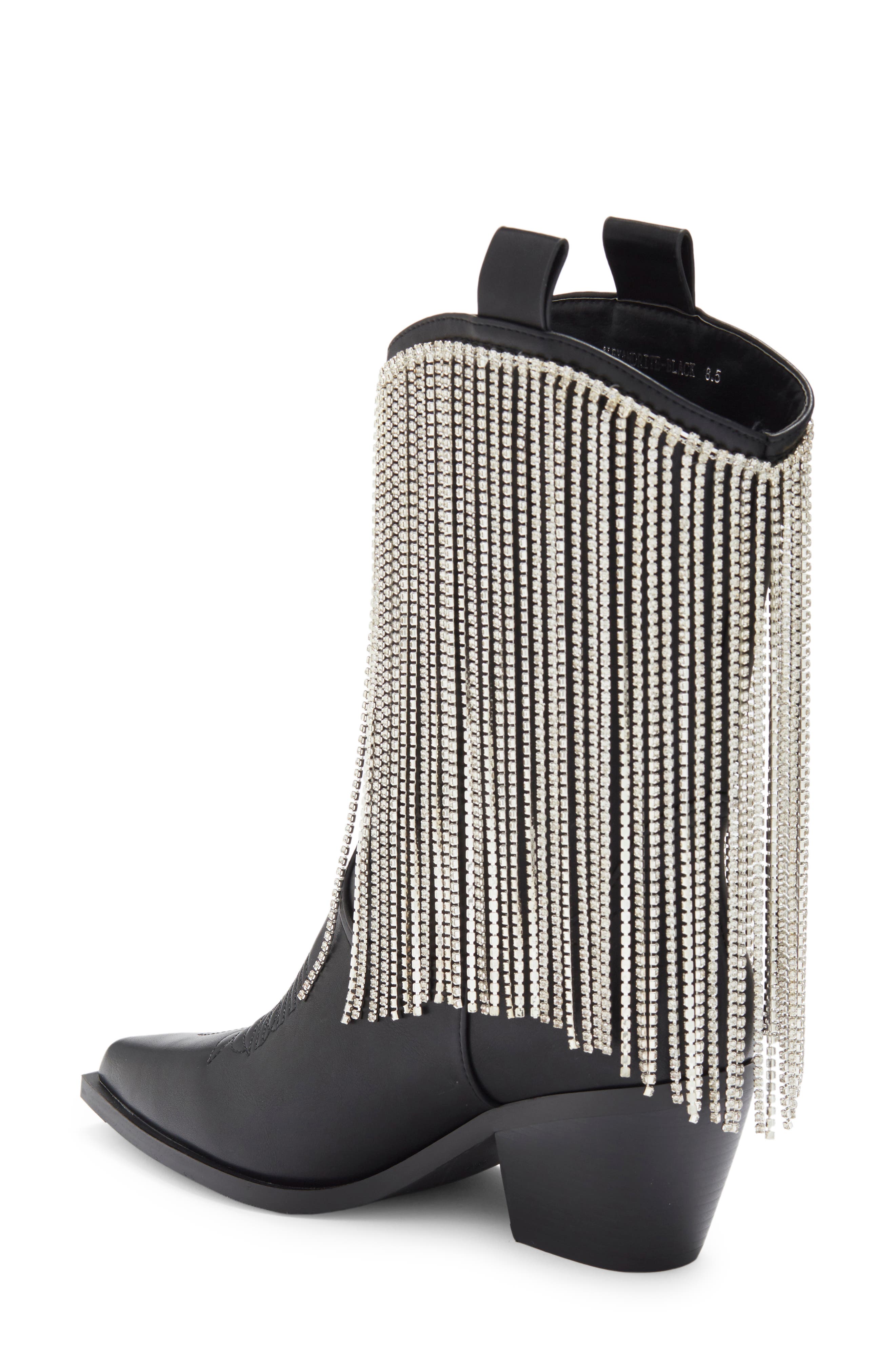 AZALEA WANG Alexandrite Crystal Fringe Western Boot, Alternate, color, Black
