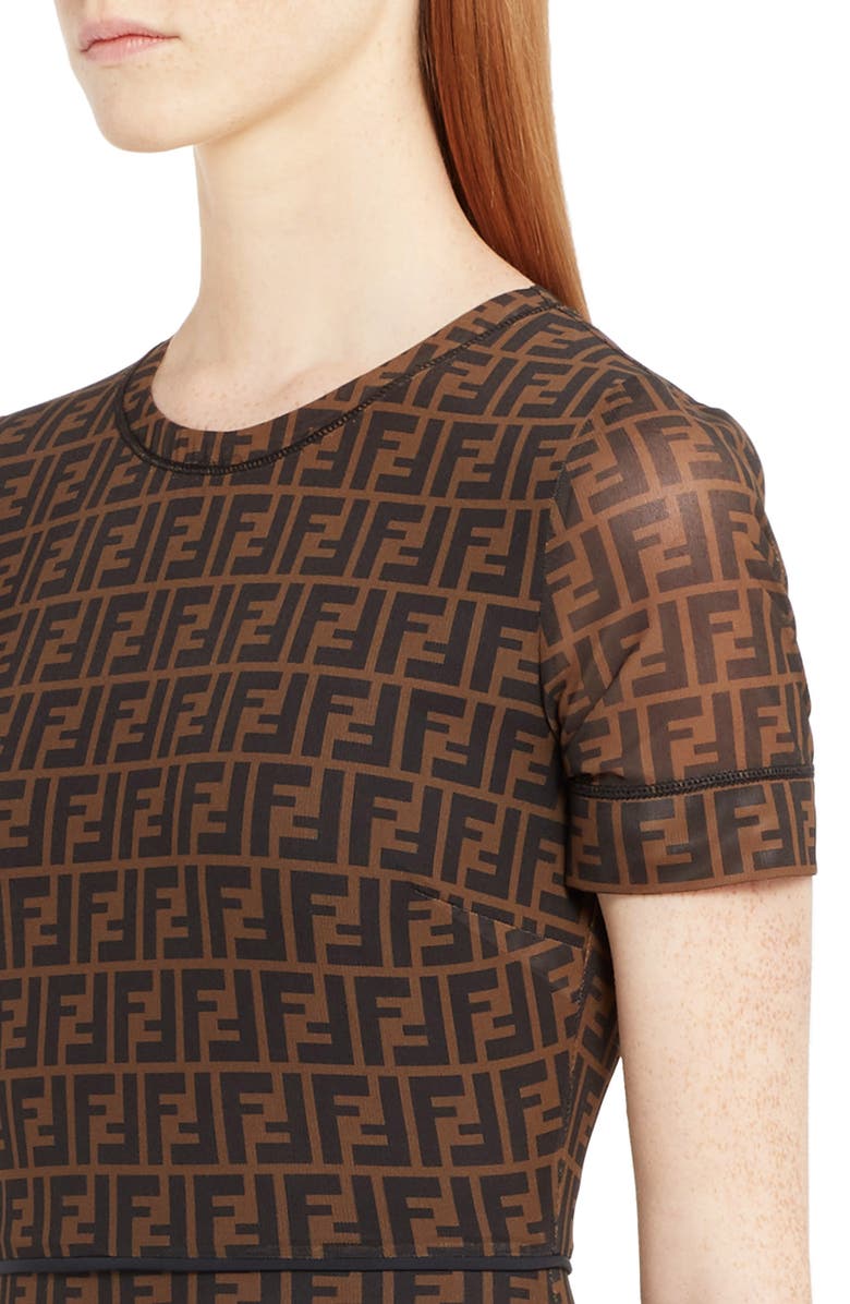 Fendi Sheer Sleeve Logo Pattern Midi Dress, Alternate, color, 