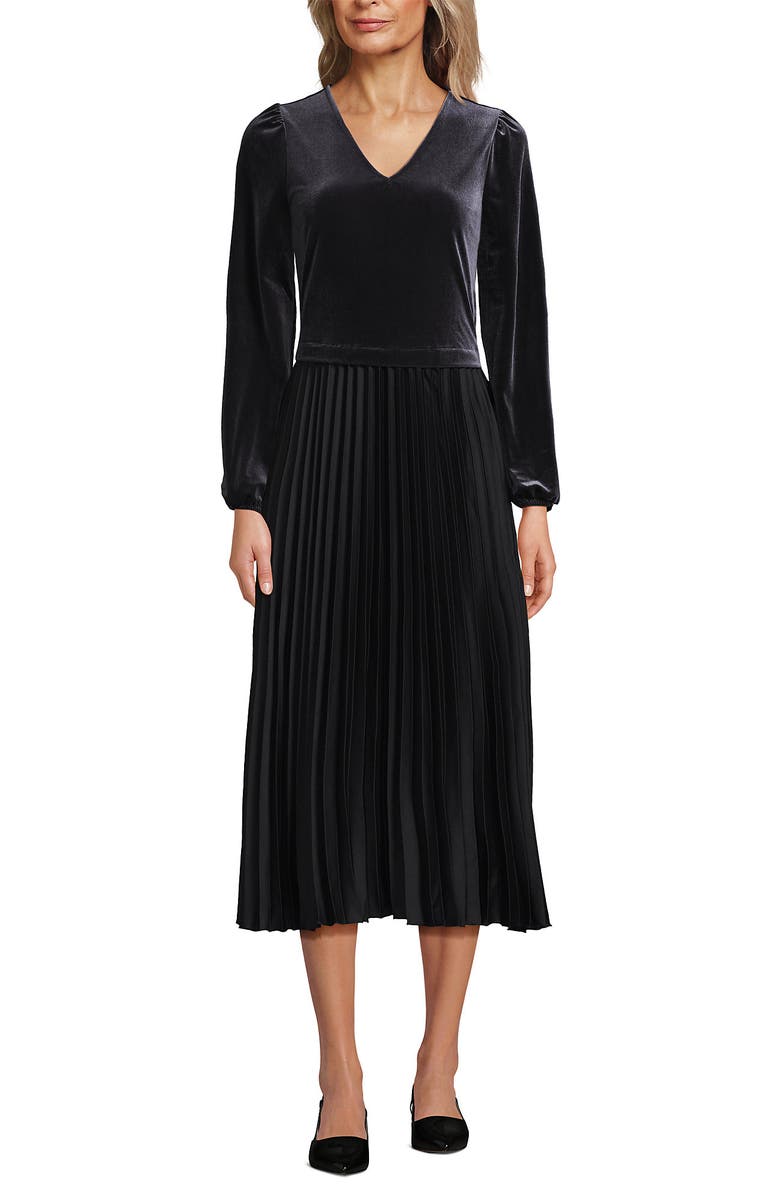 Lands' End Velvet and Satin Duet Midi Dress, Alternate, color, Black