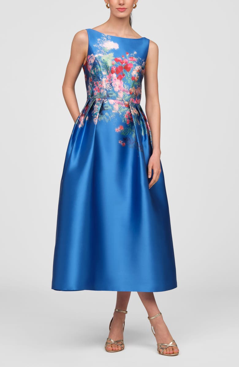 Kay Unger Dina Placed Floral Mikado Cocktail Dress, Alternate, color, Oxford Blue