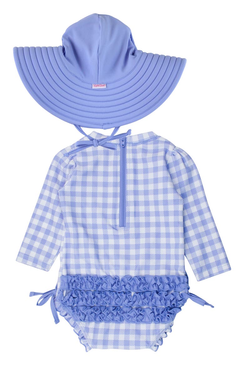 Gingham Long Sleeve One-Piece Rashguard Swimsuit & Hat Set, Alternate, color, BLUE