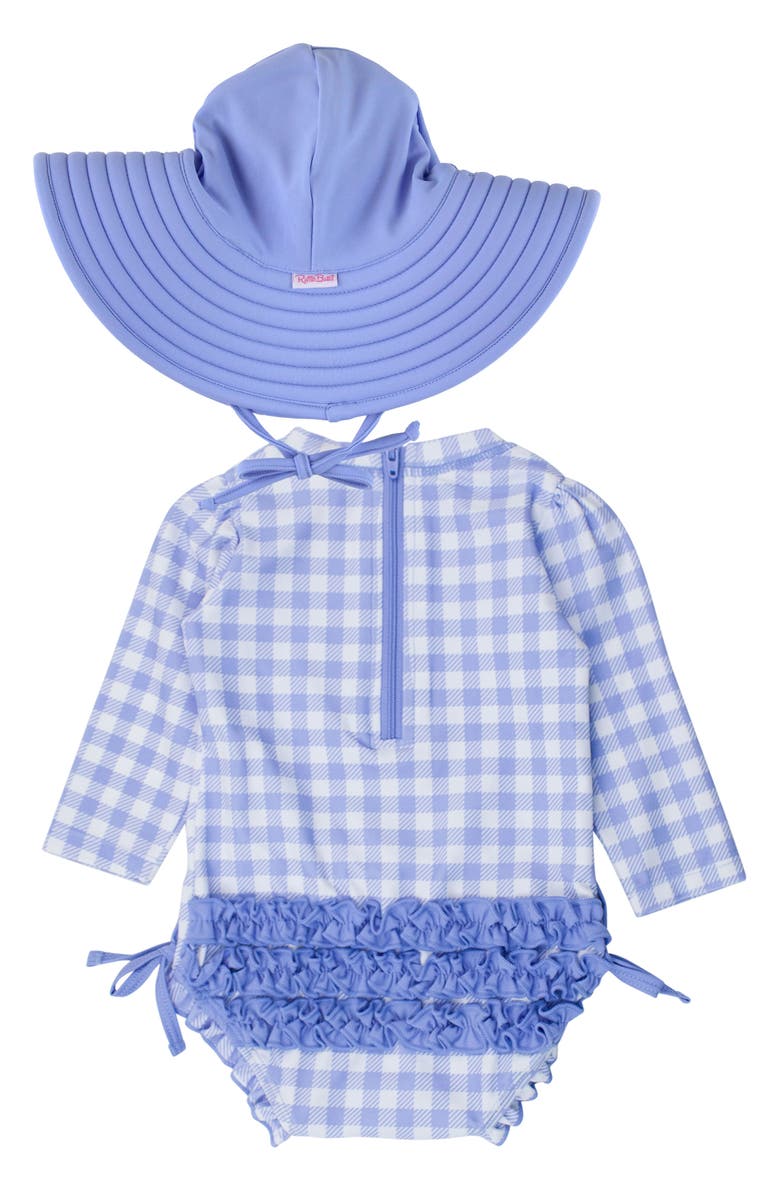 RuffleButts Gingham Long Sleeve One-Piece Rashguard Swimsuit & Hat Set, Alternate, color, Blue