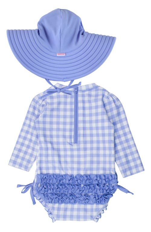 Rufflebutts Gingham Long Sleeve One-piece Rashguard Swimsuit & Hat Set In Blue