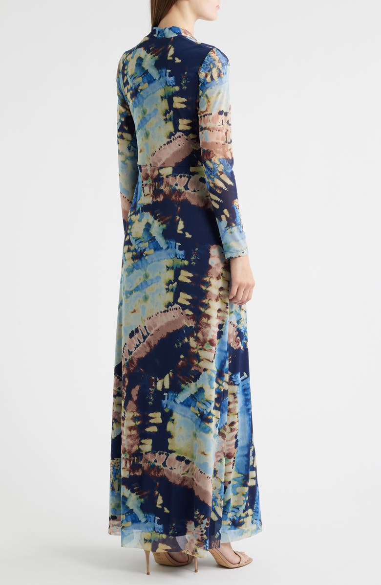 Anne Klein Abstract Print Twist Front Long Sleeve Mesh Maxi Dress, Alternate, color, Blue Tide Multi