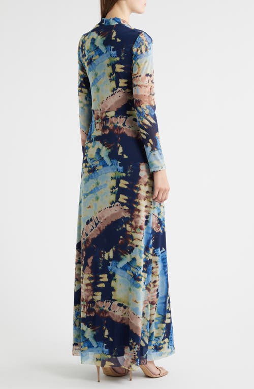 Anne Klein Abstract Print Twist Front Long Sleeve Mesh Maxi Dress In Blue