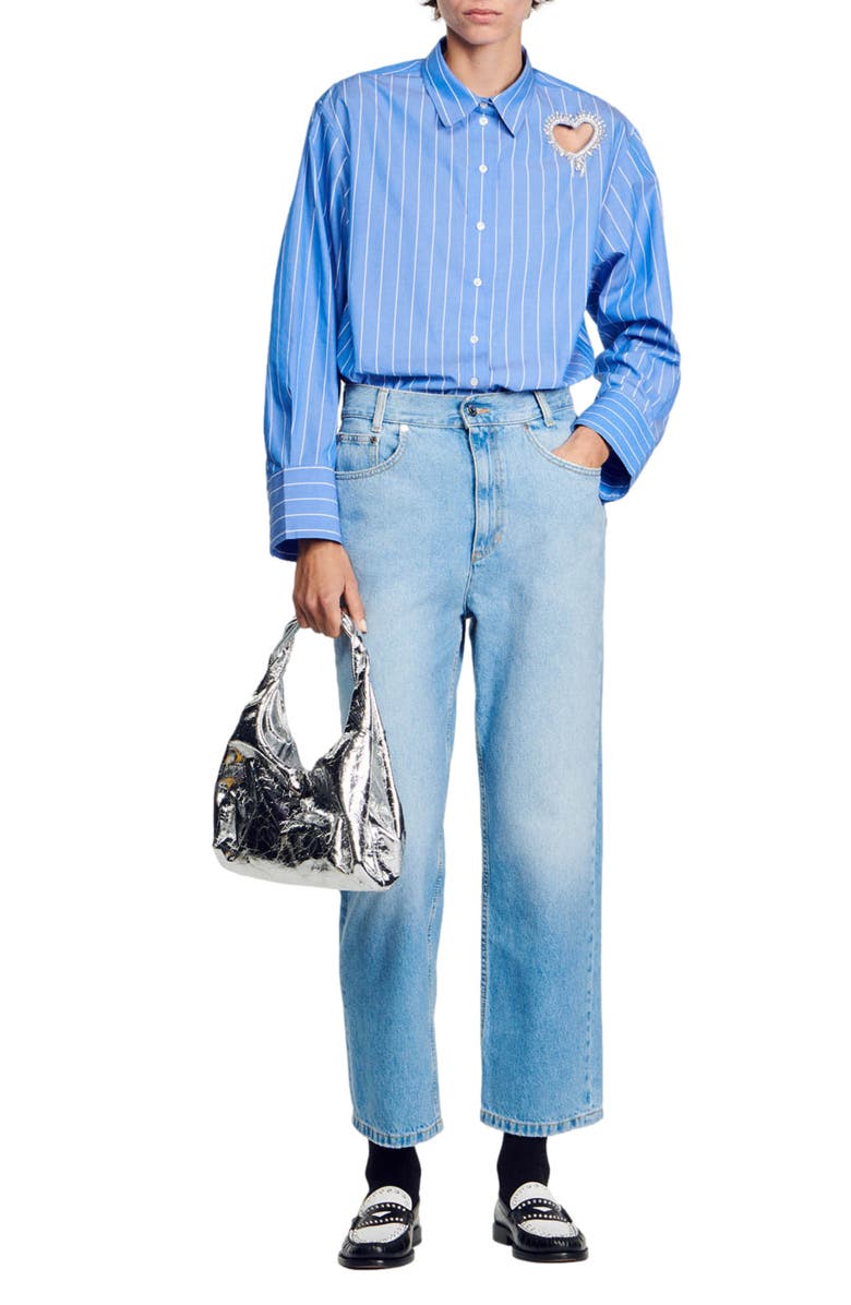 SANDRO Lovely Heart Cutout Stripe Button-Up Shirt, Alternate, color, 