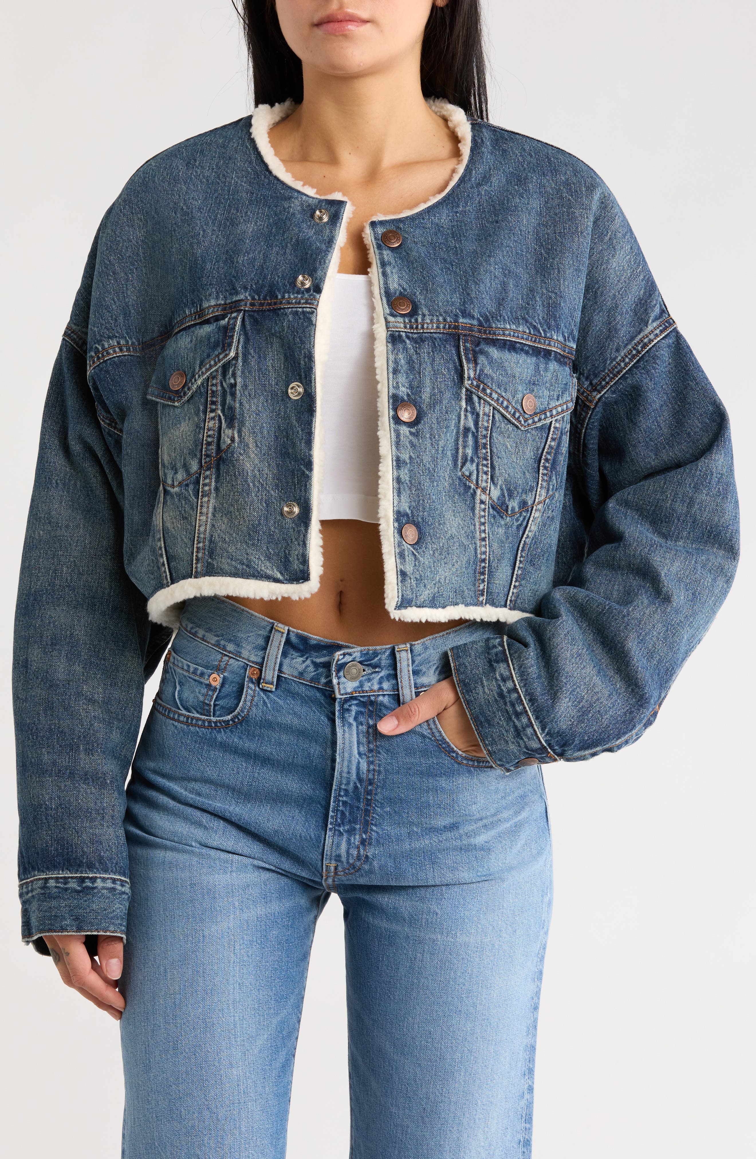 DENIMIST Faux Shearling Lined Crop Denim Jacket